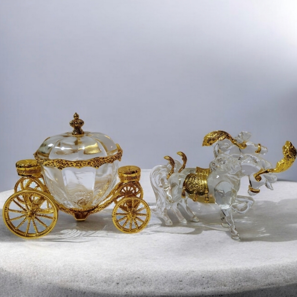 VTG Lead Crystal Cinderellas Magic Coach Carriage & Horses Set Franklin Mint 24k